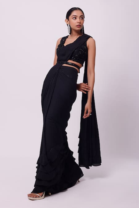 Onaya Black Georgette Embellished Blouse And Ruffle Pre-draped Saree Set 