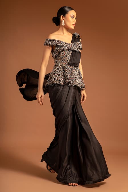 Sejal Kamdar_Black Pure Satin Crepe Print Ajrak Asymmetric Neck Peplum Saree Gown  _Online_at_Aza_Fashions