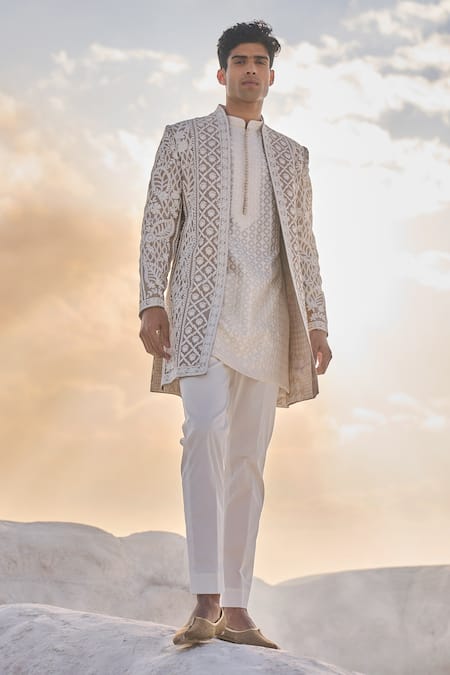 Seema Gujral Beige Sherwani Raw Silk Embroidery Floral Open Set 