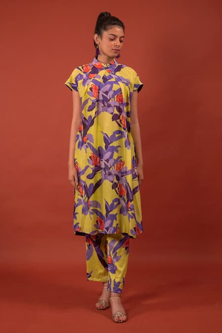 Rimi Nayak Yellow Chanderi Bandeau Neck Pine Flower Print Tunic 