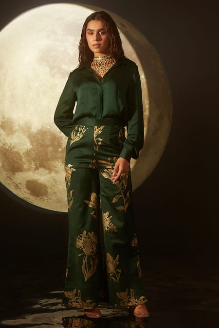 Dohr India Green Modal, Silk, Cotton Foil Printing, Spread Collar Shirt And Pant Set 