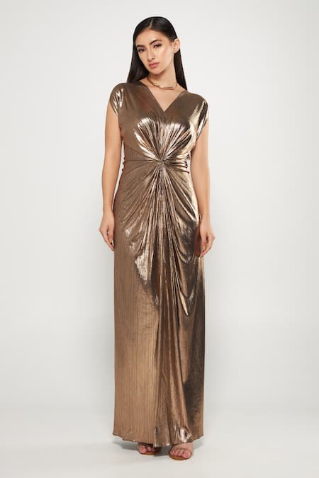 Cham Cham Gold Stretch Knit Foil Solid V Neck Metallic Centre Draped Gown 