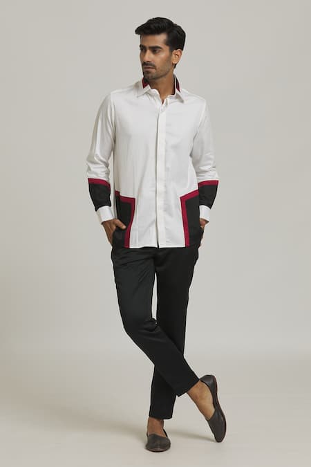 Nero by Shaifali and Satya White Cotton Plain Color Block Patch Work Shirt