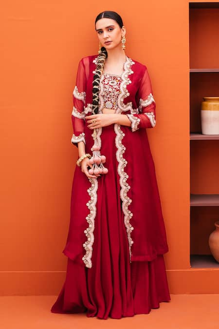 Kesar Studio Embroidered Border Silk Jacket Skirt Set 