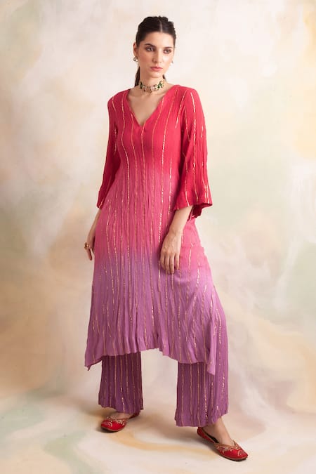 Palak & Mehak Pink Rayon Crepe Striped V Neck Ombre Kurta And Pant Set 