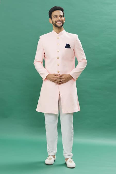 Spring Break Pink Polyester Cotton Jacquard Butti Sherwani With Churidar Set