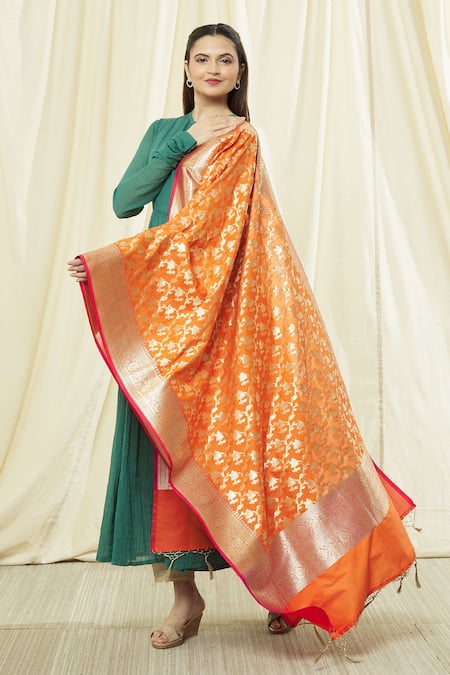 Khwaab by Sanjana Lakhani Orange Silk Fringe Floral Woven Dupatta With Hem 