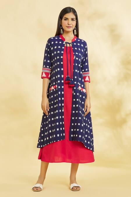 Women's Cotton Straight Jacket Style Kurta (Blue) - YASH GALLERY - 3204975