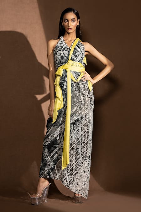 Abhishek Sharma Draped Geometric Pattern Gown 