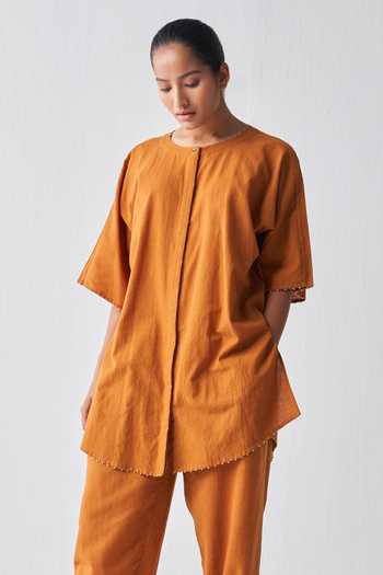 Buy Three Orange Handloom Cotton Embroidery Round Neck Dolman Sleeve Shirt at Aza Fashions Buy_Three_Orange Handloom Cotton Embroidery Round Neck Dolman Sleeve Shirt_at_Aza_Fashions