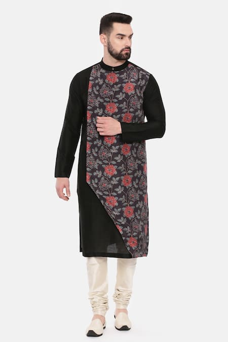 Mayank Modi - Men Black Silk Print Floral Kurta Set 