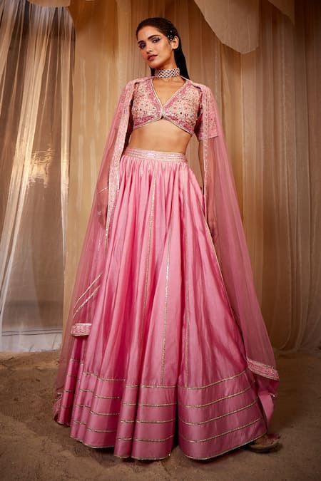 House of Exotique Pink Net, Chanderi Embroidery V-neck Lehenga Set 
