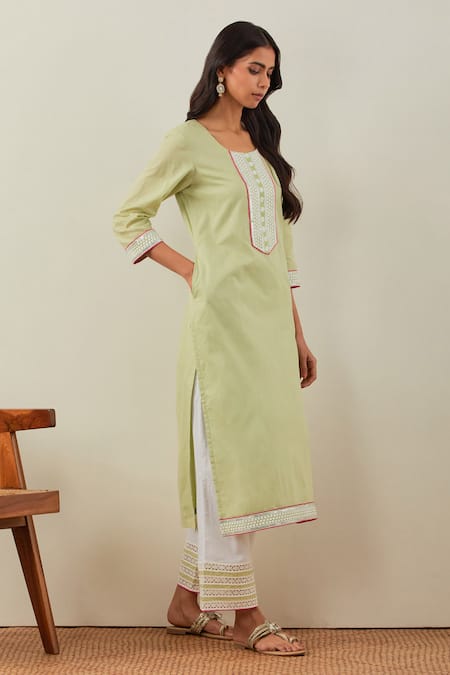 The Indian Cause_Peach Cotton Embroidery Round Neck Rozana Kurta And Palazzo Set_Online_at_Aza_Fashions