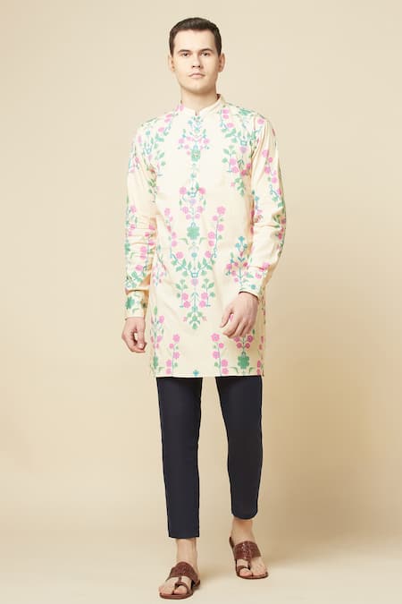 Spring Break Beige Cotton, Polyester, Linen Embroidery Floral Print Kurta And Pant Set