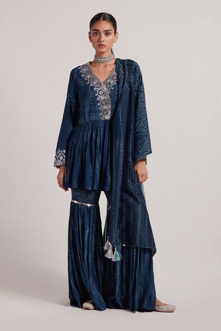 Buy Inej Blue Metal Sequins And Tassels V Neck Embroidered Kurta & Gharara Set at Aza Fashions Buy_Inej_Blue Metal Sequins And Tassels V Neck Embroidered Kurta & Gharara Set_at_Aza_Fashions