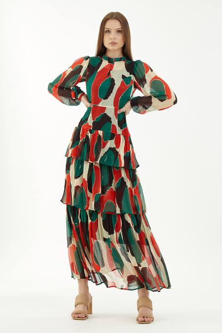 Buy Koai Multi Color Chiffon Abstract Band Collar Pattern Frill Dress at Aza Fashions Buy_Koai_Multi Color Chiffon Abstract Band Collar Pattern Frill Dress_at_Aza_Fashions