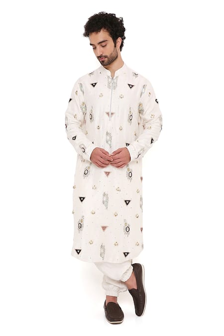 PS Men by Payal Singhal Off White Silk Embroidered Abla Kurta And Joggers Set 