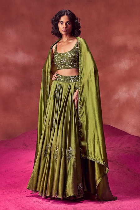 Olive Green Sequin Lehenga Set – Estie Couture