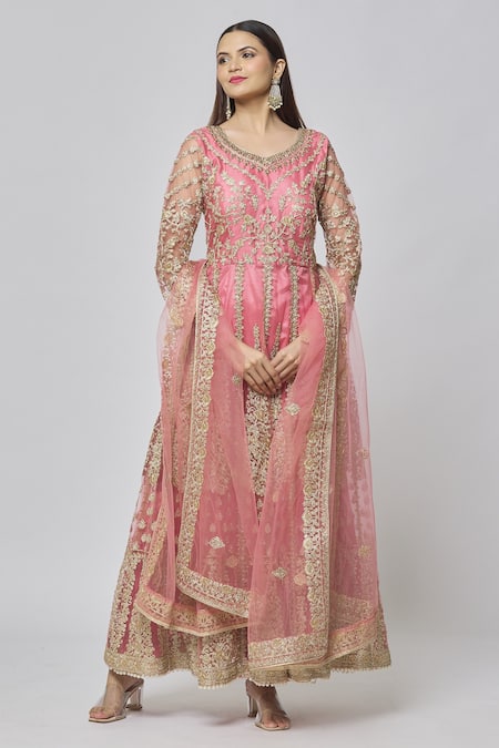 Naintara Bajaj Flower Vine Cluster Embroidered Anarkali Set 