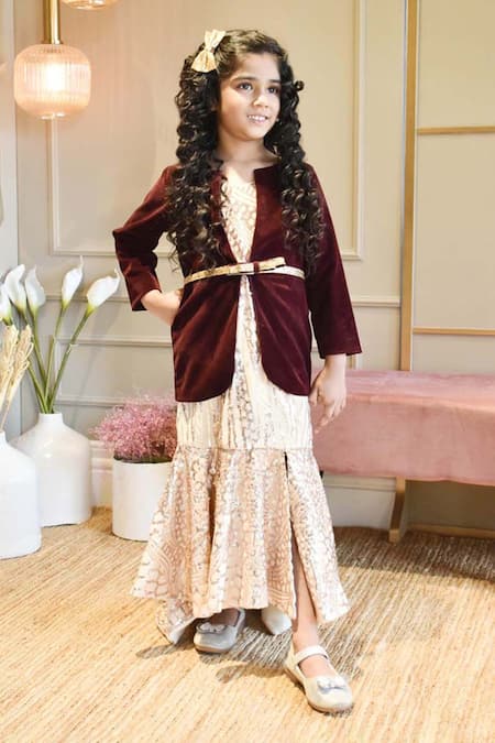 Buy Pink Chick Black Velvet And Burgundy Jacket Style Gown online