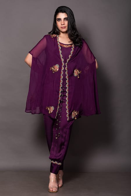 Vara by Vibha n Priti Purple Silk Chanderi Hand Embroidered Thread Cape Deep V Neck Afghani Pant Set 