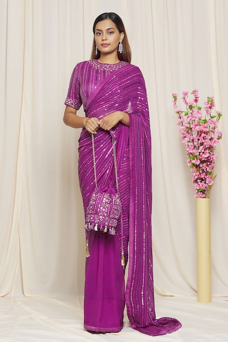 Yoshita Couture Purple Saree - Georgette With Satin Border Embroidered Thread Suzanna Blouse 