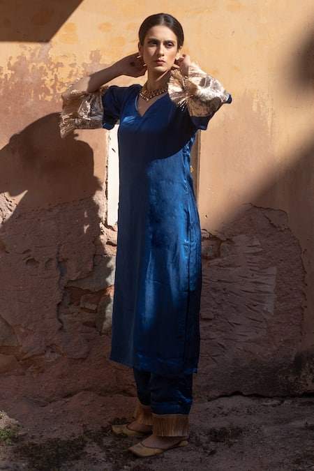 Avaasya Jaipur Blue Gabardine, Silk Fringe, Tassels V-neck Sleeve Hem Kurta And Pant Set 