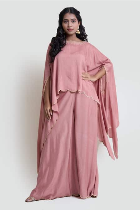 Brij Pink Spun Silk Embroidered Kanchi Tissue Appliques Hem Cape And Flared Pant Set 