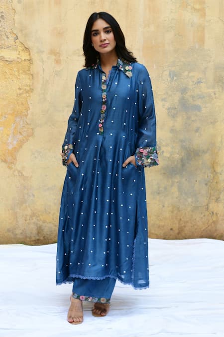 Label Niti Bothra Blue Pure And Handwoven Banarasi Silk With Bemberg Polka Dot Kurta & Palazzo Set
