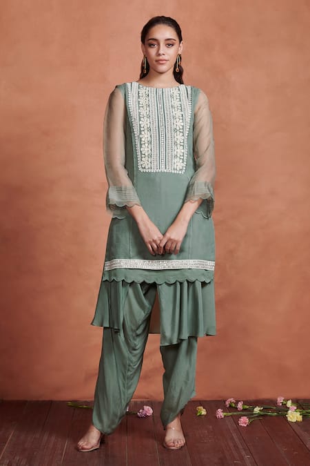AASHIMA BEHL Green Silk Embroidery Mirror And Dori Work Round Kurta & Dhoti Pant Set