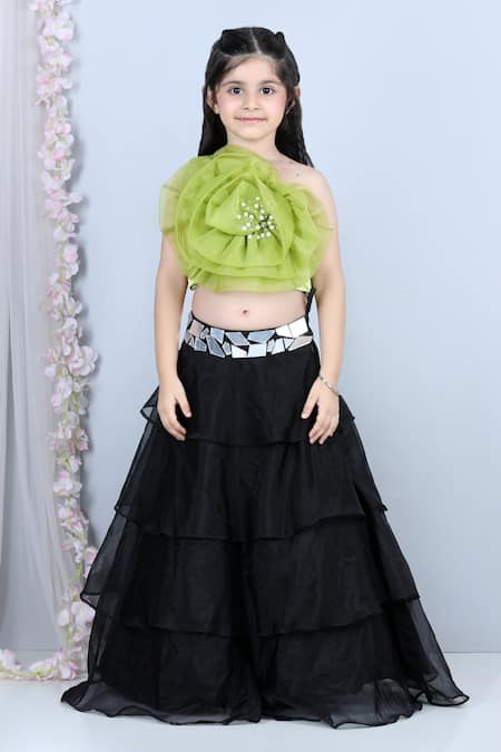 The Little Celebs Black Silk, Organza, Satin Applique, Pearls Layered Lehenga And Blouse Set 