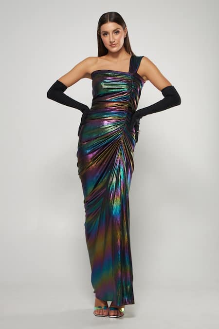 Cham Cham Multi Color Polyester One Shoulder Metallic Pleated Draped Gown