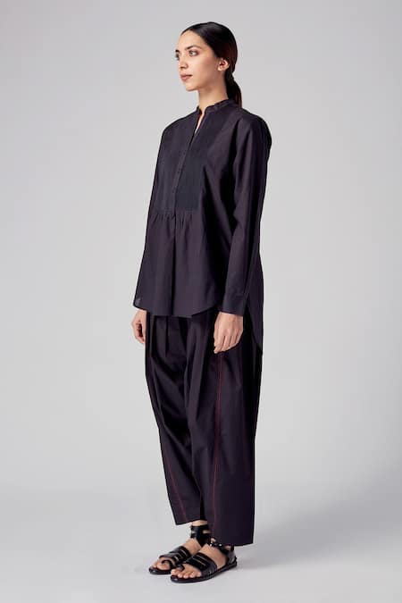 Buy_Rajesh Pratap Singh_Black Cotton Mandarin Collar Palri Shirt _Online_at_Aza_Fashions