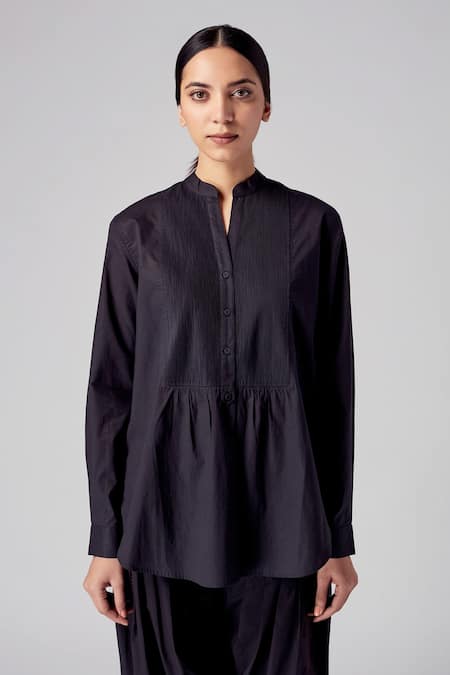 Shop_Rajesh Pratap Singh_Black Cotton Mandarin Collar Palri Shirt _Online_at_Aza_Fashions
