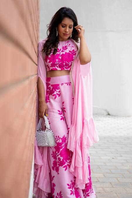Shop_Palak & Mehak_Pink Crepe Floral Print, Gota Patti High Neck Jacket Palazzo Set 