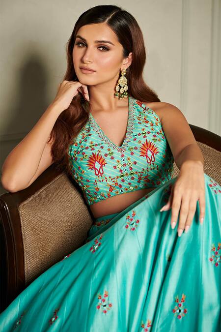 Punit Balana_Blue Organza, Chanderi Silk Halter Lehenga Set _at_Aza_Fashions