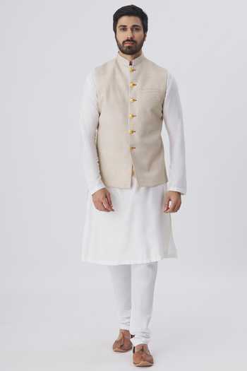 Gaurav katta_Beige Handloom Silk Nehru Jacket _Online_at_Aza_Fashions