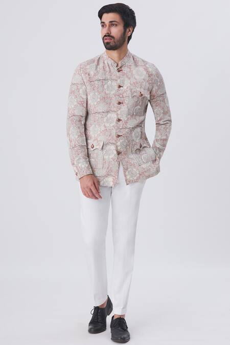 Shop_Gaurav Katta_Peach Cotton Block Print Bandhgala _Online_at_Aza_Fashions