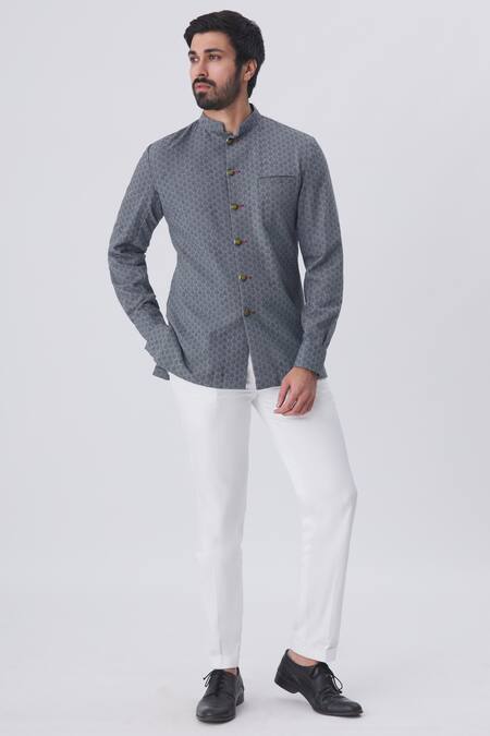 Shop Gaurav Katta Grey Cotton Block Print Bandhgala Online at Aza Fashions Shop_Gaurav Katta_Grey Cotton Block Print Bandhgala _Online_at_Aza_Fashions