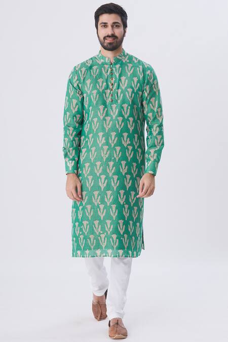 Shop_Gaurav Katta_Green Handloom Cotton Batik Print Kurta_Online_at_Aza_Fashions