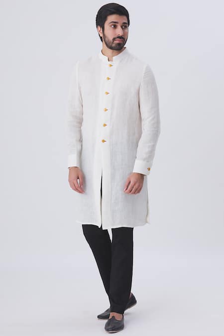 Shop_Gaurav Katta_White Linen Kurta _Online_at_Aza_Fashions