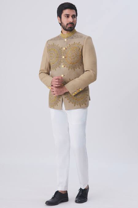 Shop_Gaurav Katta_Brown Silk Jute Printed Bandhgala _Online_at_Aza_Fashions