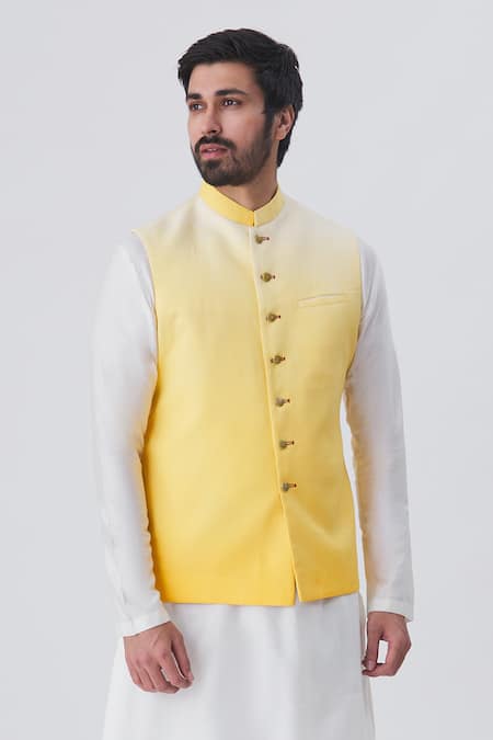 Yellow nehru jacket with blue kurta and pants- Set Of Three by Tiny Pants |  The Secret Label