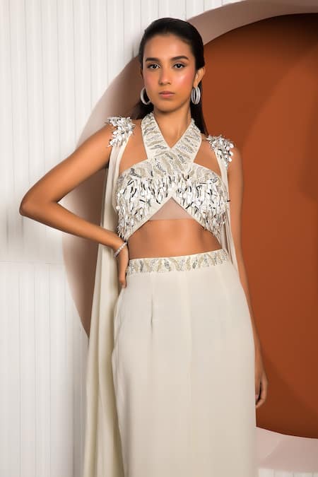 Shop_Jade By Ashima_Green Crepe Sequin, Metallic Blouse Halter Neck, Fennel And Flared Pant Set _Online_at_Aza_Fashions