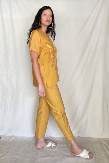 Shop_Chambray & CO._Yellow Chanderi Tissue, Vegan Silk V Neck Embroidered Shirt With Pants_Online_at_Aza_Fashions