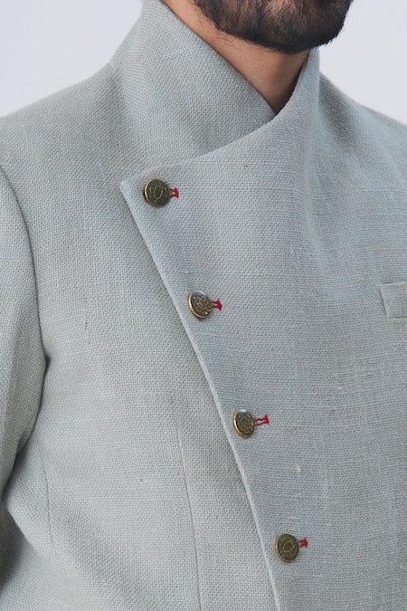 Gaurav Katta_Grey Silk Jute Overlap Bandhgala _at_Aza_Fashions