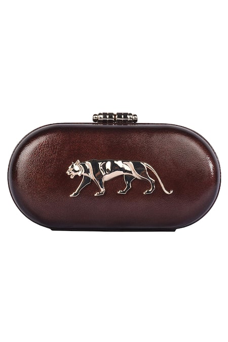 Buy Cacao Brown Royal Bengal Tiger Capsule Clutch by Sabyasachi