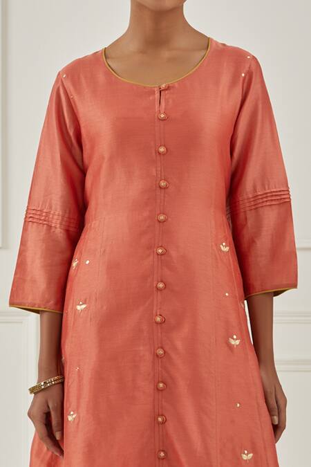 Kamaltaas_Orange Chanderi Silk, Cotton, Lurex Embroidery Side-kalidar Anarkali And Pant Set_Online_at_Aza_Fashions