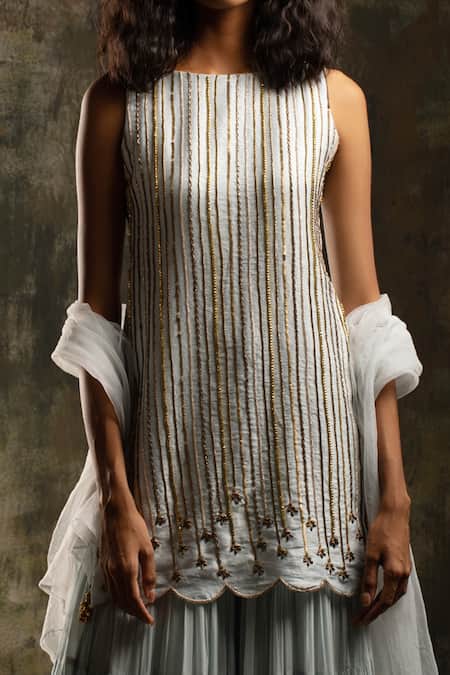 Shop_Mona And Vishu_Blue Kurta  Dupion Silk Sharara  Georgette Dupatta  Tulle Embroidered Set _Online_at_Aza_Fashions