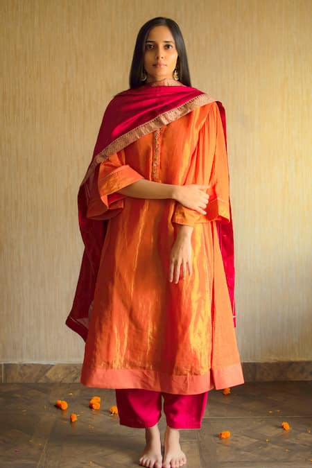 Shorshe Clothing Orange Handloom Tissue Kurta And Silk Pant Set